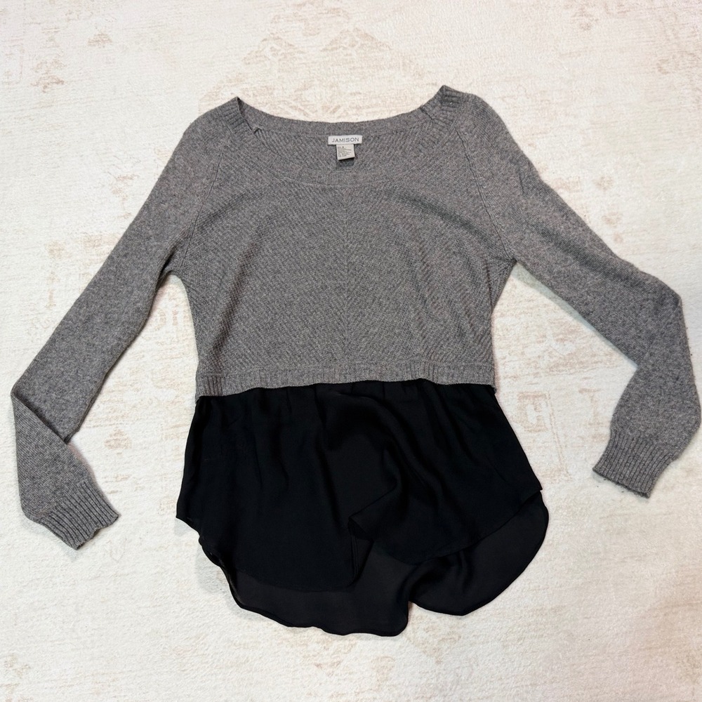Jamison Silk Cashmere Blend Mixed Media Layered Sweater Grey Black Small